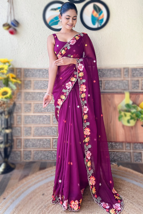 Georgette Plum Purple Saree with Embroidery for Weddings