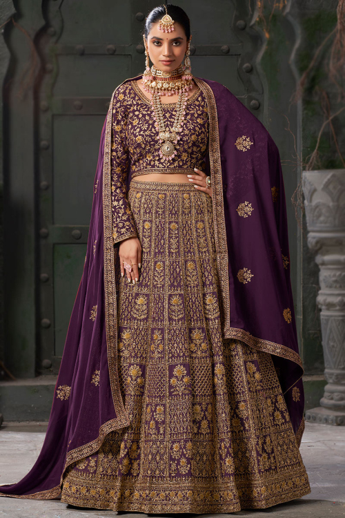 Georgette Plum Purple Embroidered Panelled Lehenga