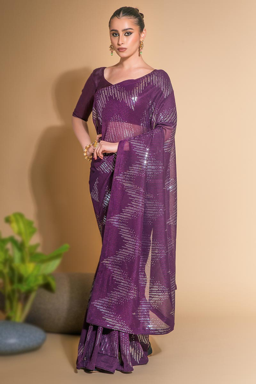 Georgette Plum Purple Sequins Embroidered Saree 