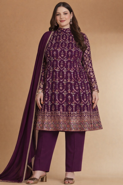Plum Purple Georgette Plus Size Trouser Suit with Sequins Embroidery