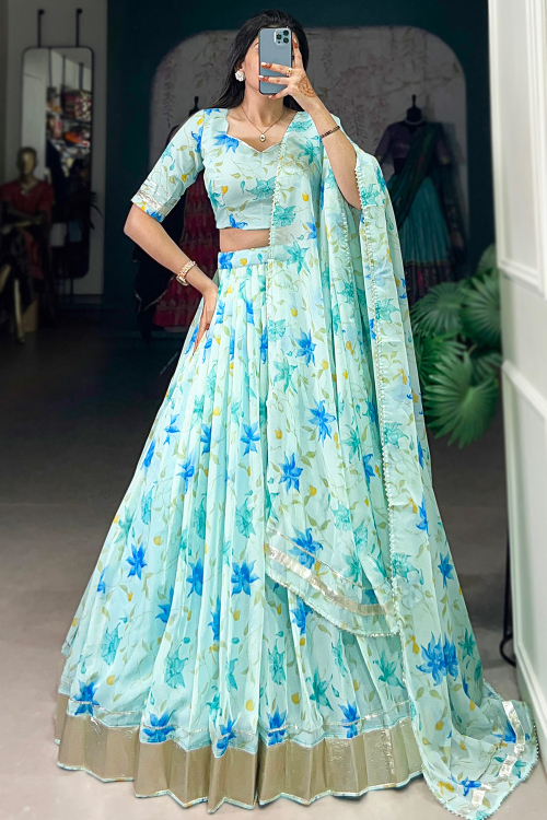 Georgette Powder Blue Lehenga with Printed Work for Diwali