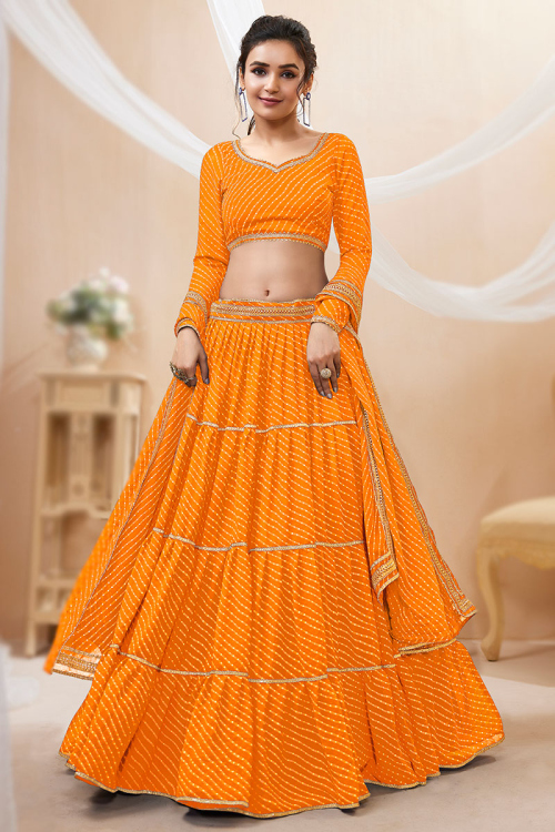 Georgette Printed Mustard Yellow Flared Chaniya Choli
