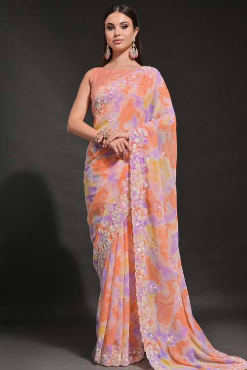 Georgette Printed Salmon Orange Light Weight Saree