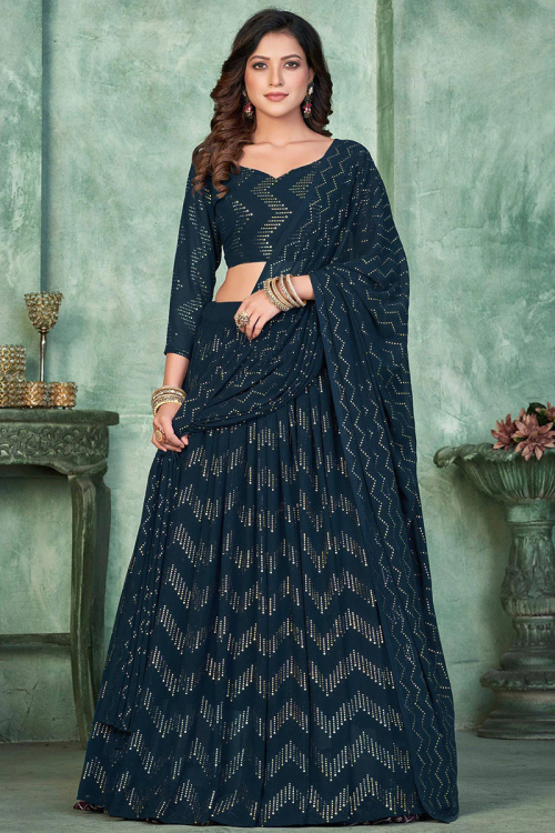 Georgette Prussian Blue Muqayyash Flared Style Lehenga