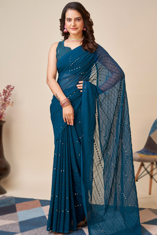 Georgette Prussian Blue Sequins Embroidered Light Weight Saree