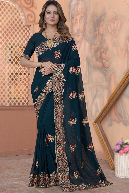 Georgette Prussian Blue Zari Embroidered Saree 