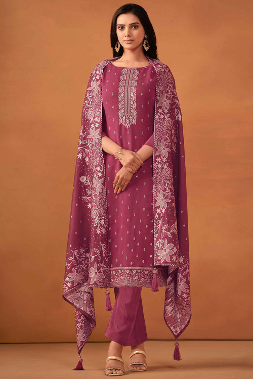 Georgette Punch Pink Embroidered Straight Cut Trouser Suit 