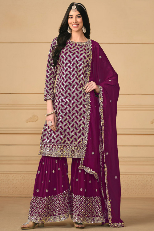 Georgette Purple Embroidered Straight Cut Sharara Suit