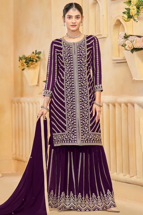 Georgette Purple Gharara Suit With Sequins Work