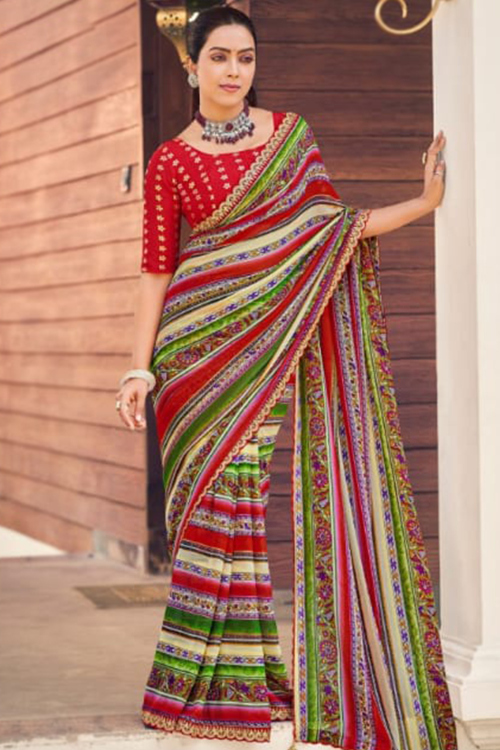 Georgette Red Printed Light Weight Saree