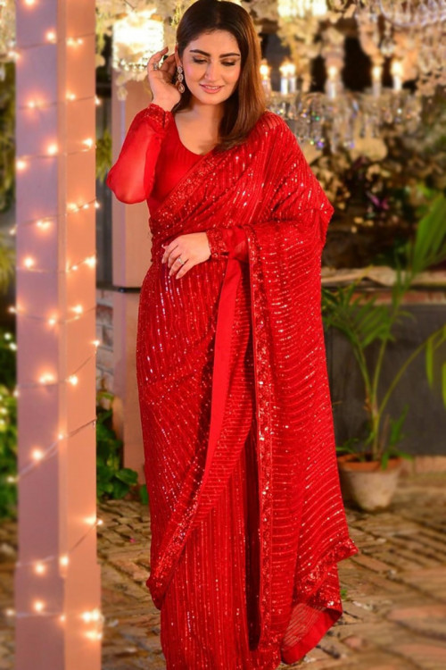 Buy Party Wear Full Sleeve U Neck Plus Size Sarees Online for Women in USA