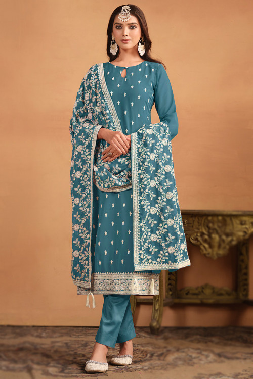 Georgette Resham Embroidered Sea Blue Trouser Suit