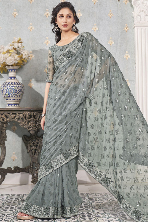 Georgette Resham Grey Embroidered Heavy Saree