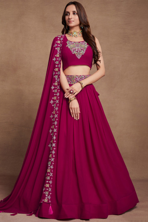 Georgette Ruby Pink Embroidered Flared Lehenga 