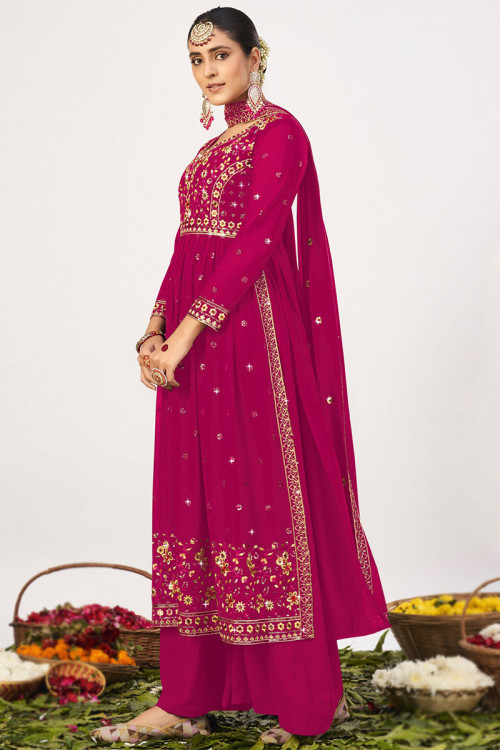 Georgette Ruby Pink Embroidered Palazzo Suit