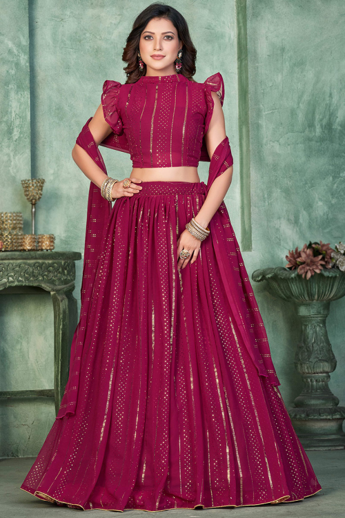 Georgette Ruby Pink Muqayyash Flared Style Lehenga 