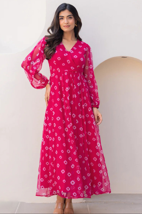 Georgette Ruby Pink Printed A Line Kurti For Casual Wear