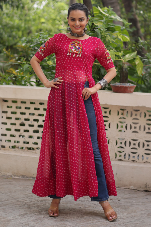 Georgette Ruby Pink Side Slit Printed Kurti For Navratri