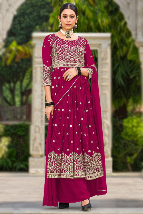Ruby Pink Georgette Zari Embroidered Palazzo Salwar Suit