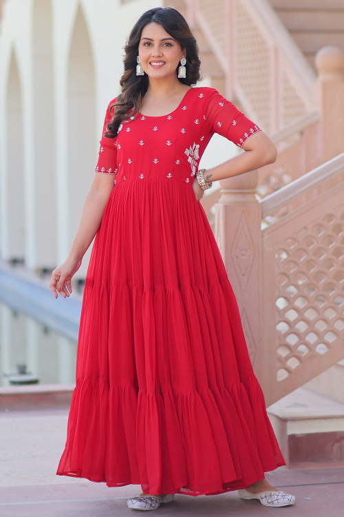 Georgette Ruby Red A-Line Gown With Beads Work
