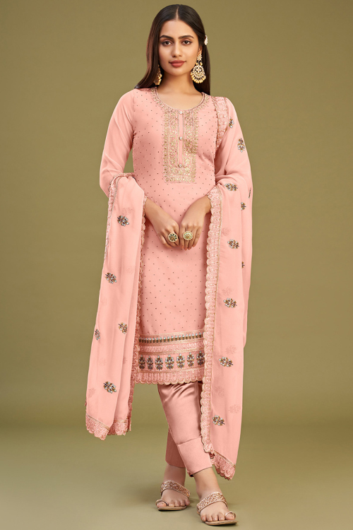 Georgette Salmon Peach Embroidered Straight Cut Trouser Suit