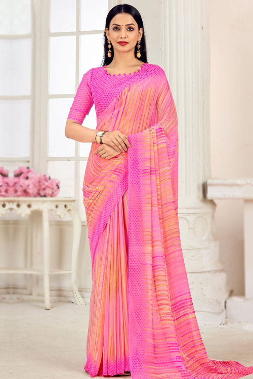 Georgette Salmon Pink Saree With Printed Work For Casual Wear