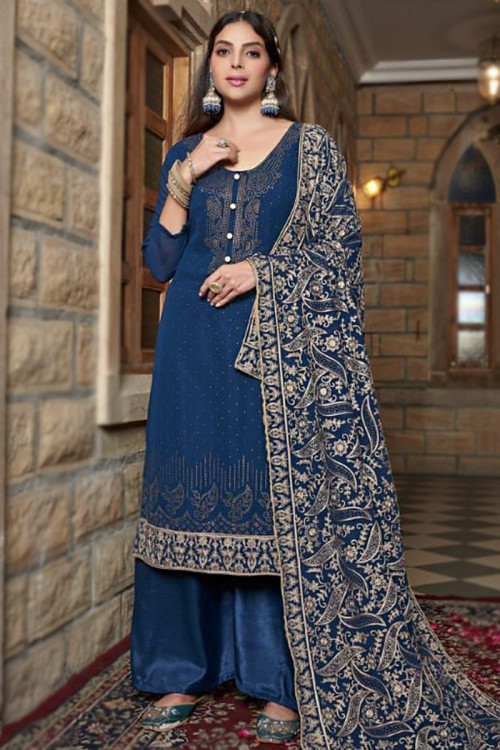 Georgette Sea Blue Embroidered Straight Cut Palazzo Suit 