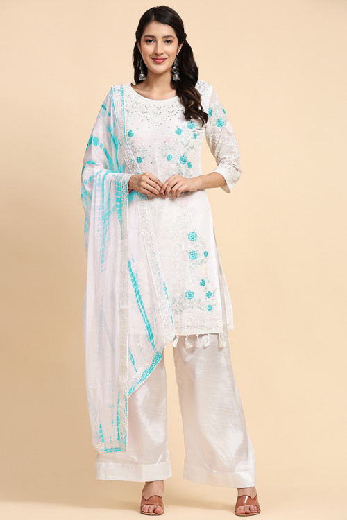 Georgette Sequins Embroidered White Palazzo Suit 