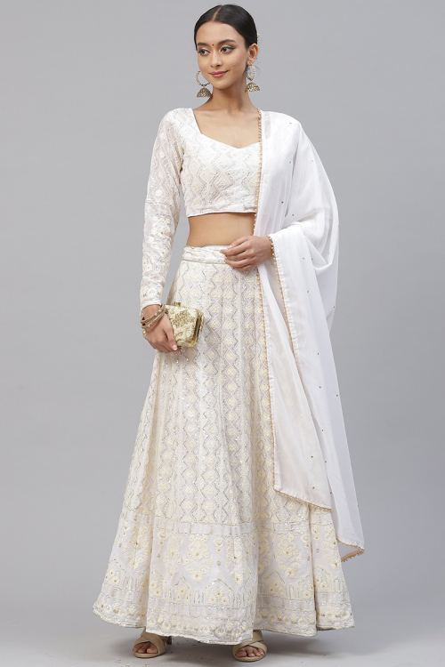 Georgette Sequins Embroidered White Panelled Lehenga