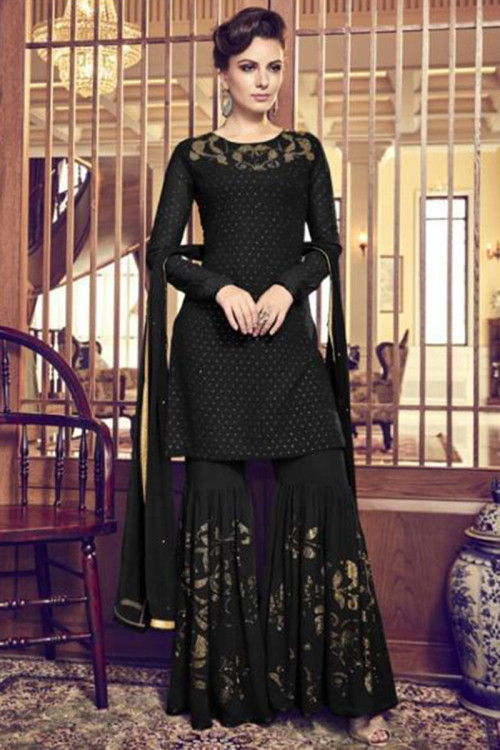Georgette Sharara Suit In Black Colour