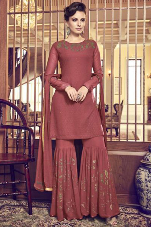 Georgette Sharara Suit In Rust Colour