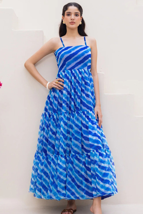 Georgette Sky Blue Leheriya Printed A Line Kurti