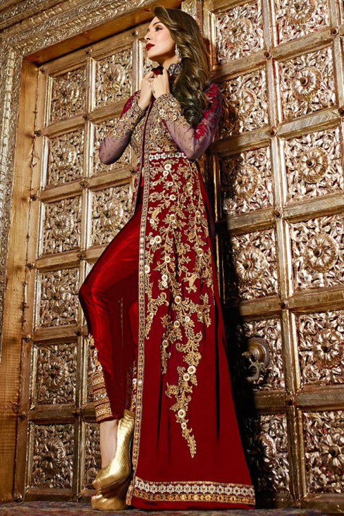 Georgette Stone Embroidered Maroon Cigarette Pants Suit 