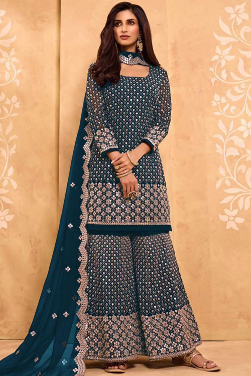 Georgette Straight Cut Sharara Suit In Peacock Blue 