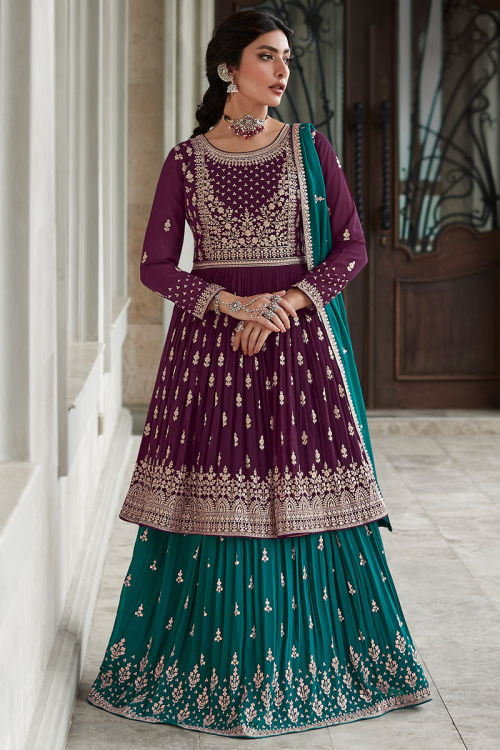 Georgette Teal Blue Embroidered Lehenga with Choli
