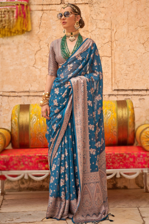 Georgette Teal Blue Woven Zari Broad Border Saree