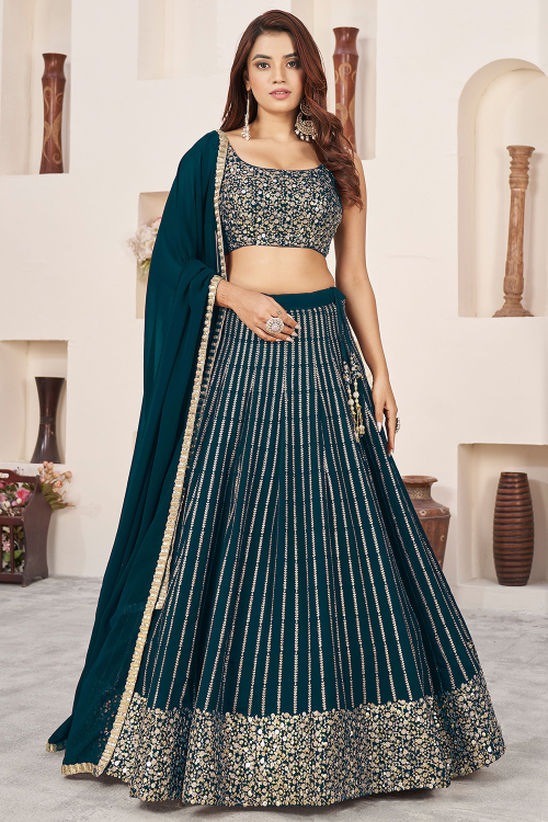 Georgette Teal Blue Zari Embroidered Panelled Lehenga