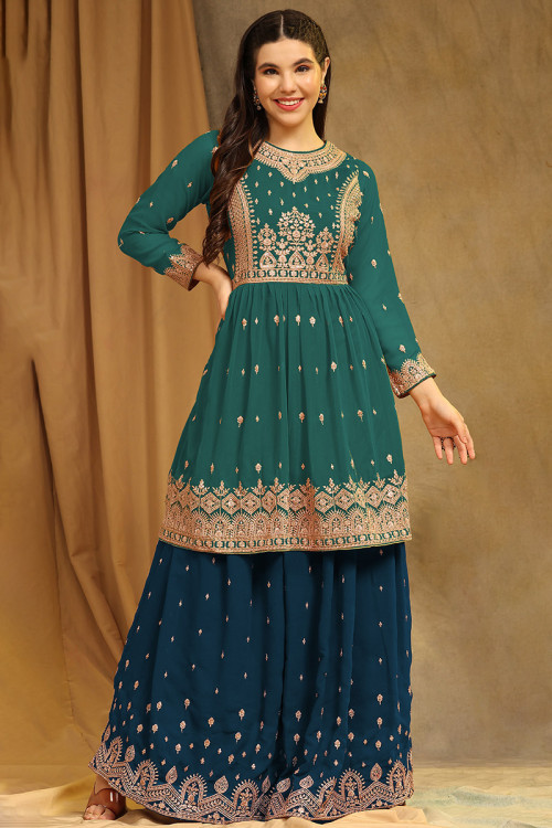 Georgette Teal Green Embroidered A Line Sharara Suit 