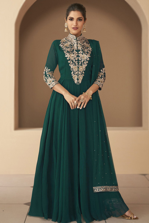 Buy Emerald Green Lace Work Chanderi Anarkali Suit- Set of 3