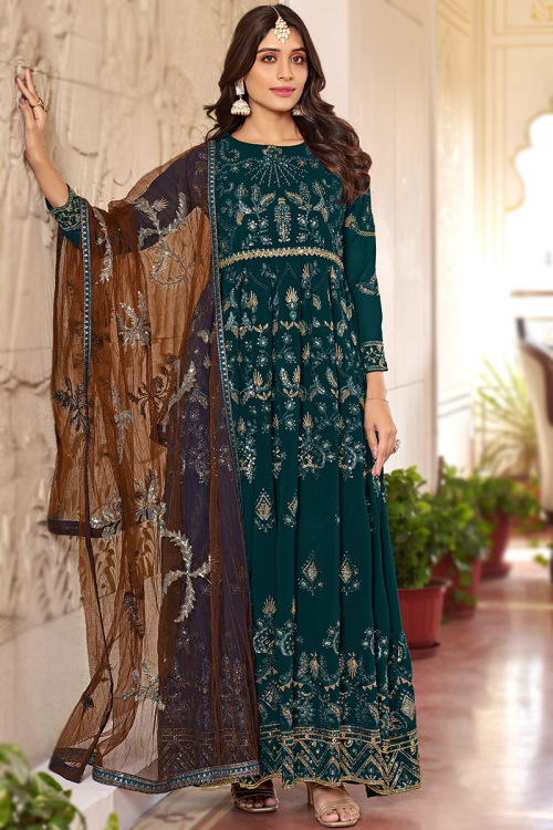 Georgette Teal Green Zari Embroidered A Line Anarkali Suit