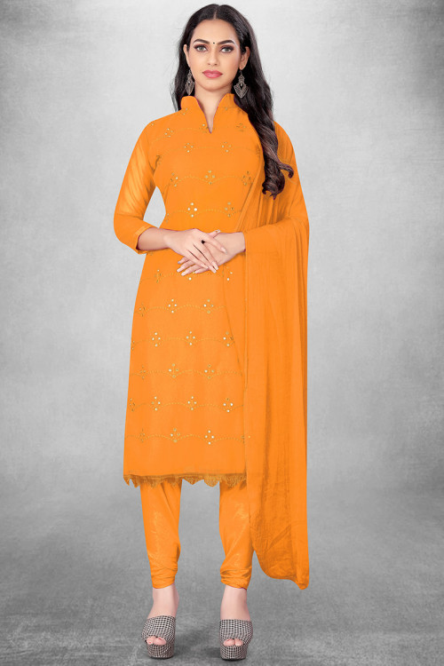 Georgette Turmeric Yellow Embroidered Churidar Suit