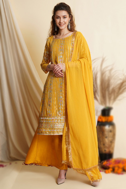 Georgette Turmeric Yellow Embroidered Palazzo Suit