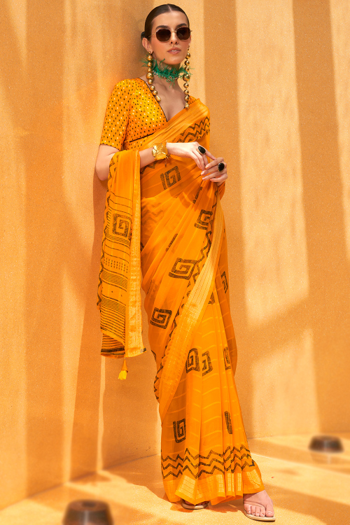 Turmeric Yellow Color Georgette Printed Light Weight Saree