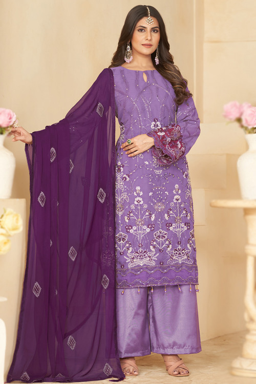Georgette Violet Purple Embroidered Straight Cut Suit 