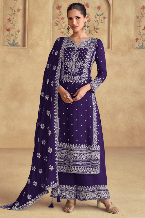 Georgette Violet Purple Palazzo Pant Suit with Sequins for Diwali