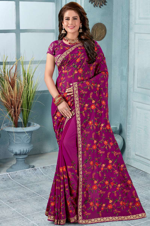 Georgette Wedding Saree In Magenta Colour