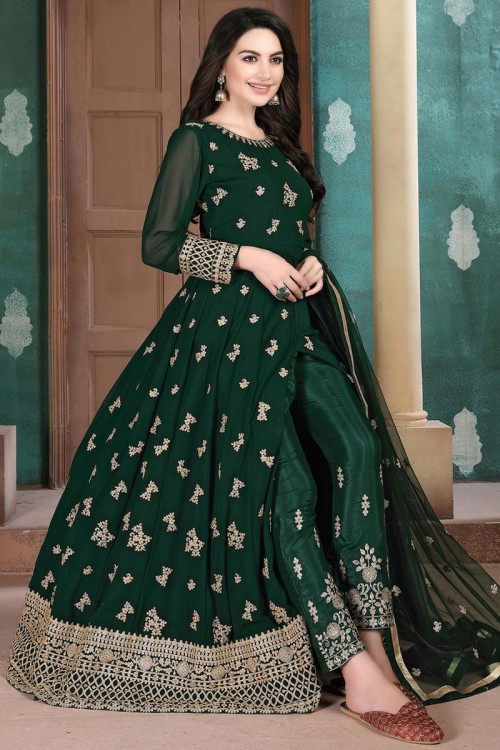 Georgette Wedding Wear Anarkali Suit In Bottle Green Color