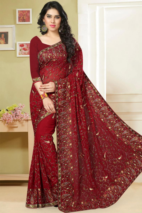 Georgette Wedding Wear Saree In Maroon Color
