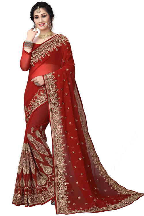 Georgette Wedding Wear Saree In Ruby Red Color