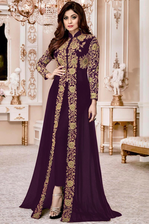 Georgette Weeding Wear Eid Anarkali Suit In Purple Color